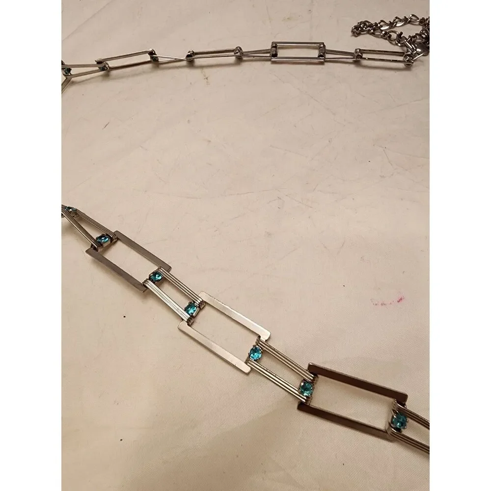 #7637 Rectangle Silver Tone Link Belt with blue Rhinestones Adjustable 42 inch
